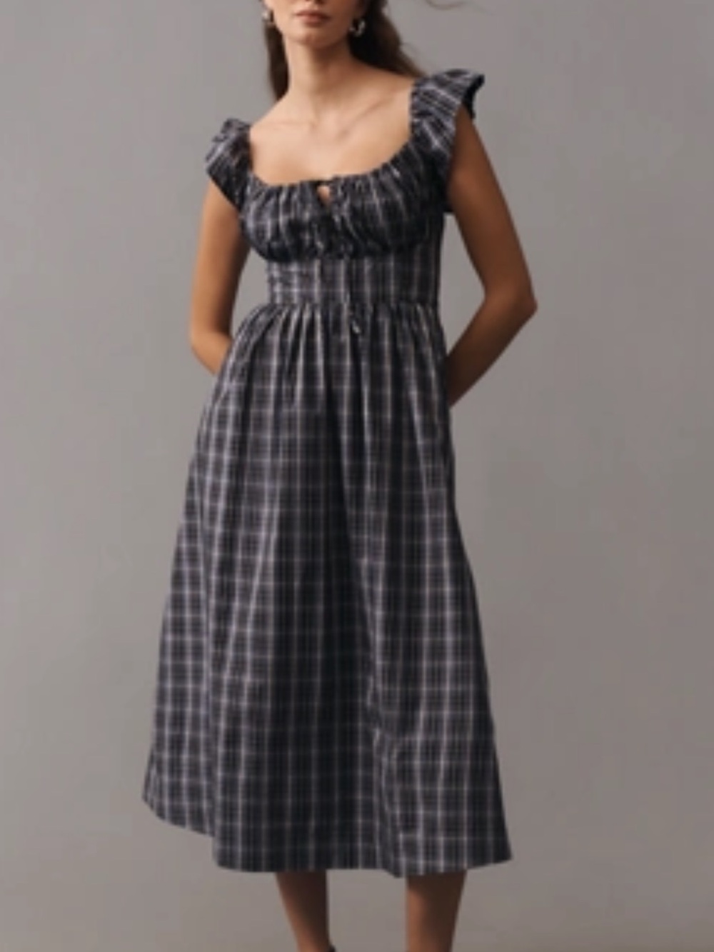 Anthropologie Black and Gray Plaid Smocked Midi Dress
